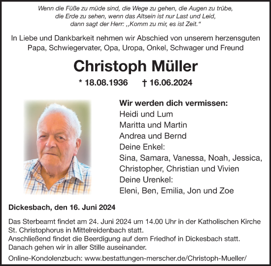 Traueranzeige von Christoph Müller von WochenSpiegel
