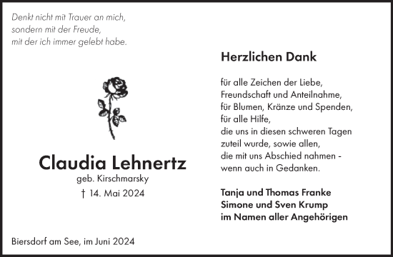 Traueranzeige von Claudia Lehnertz von WochenSpiegel