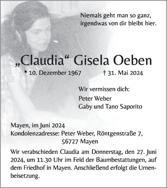 Traueranzeige von Claudia Oeben von WochenSpiegel