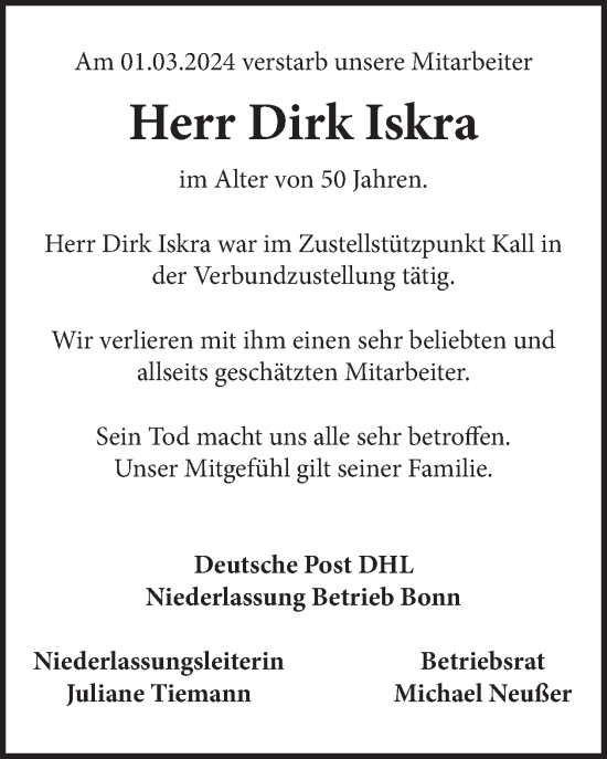 Traueranzeige von Dirk Iskra von WochenSpiegel