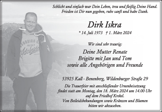 Traueranzeige von Dirk Iskra von WochenSpiegel