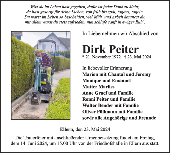 Traueranzeige von Dirk Peiter von WochenSpiegel