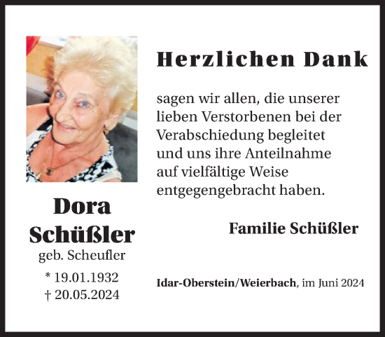 Traueranzeige von Dora Schüßler von WochenSpiegel