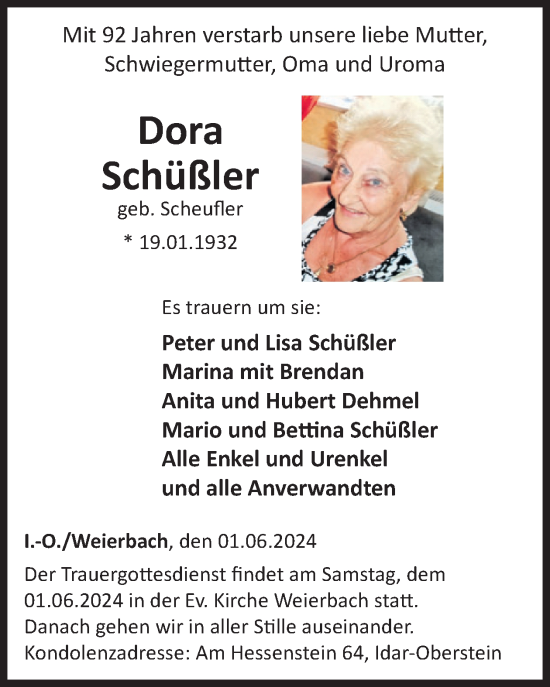 Traueranzeige von Dora Schüßler von WochenSpiegel