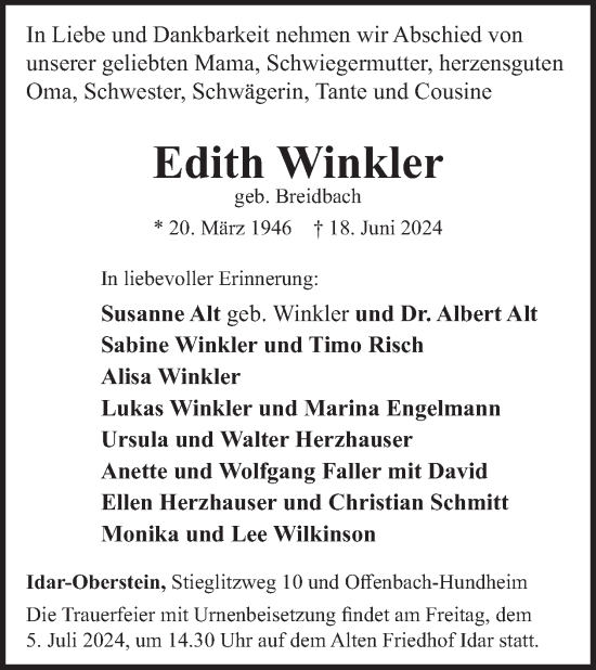 Traueranzeige von Edith Winkler von WochenSpiegel