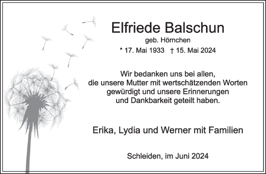 Traueranzeige von Elfriede Balschun von WochenSpiegel