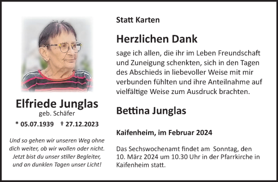 Traueranzeige von Elfriede Junglas von WochenSpiegel