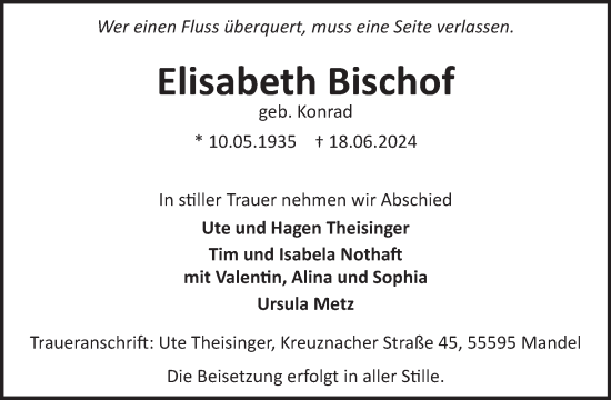 Traueranzeige von Elisabeth Bischof von WochenSpiegel