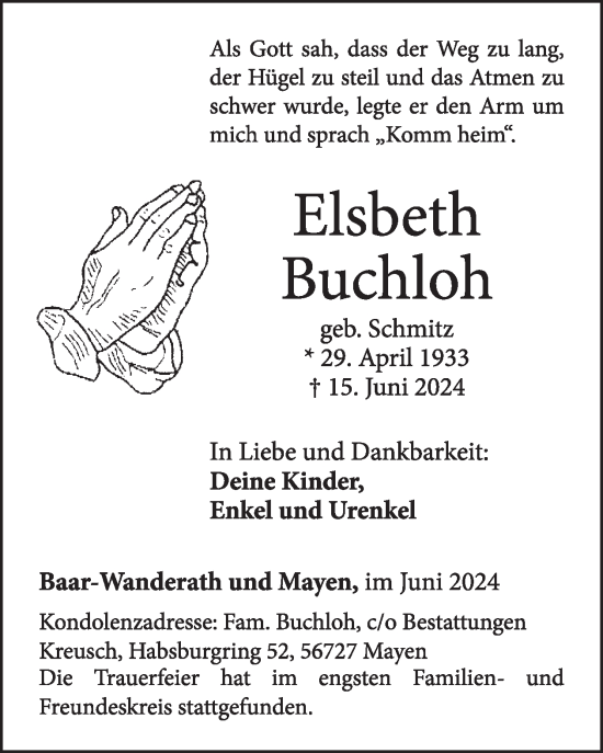 Traueranzeige von Elsbeth Buchloh von WochenSpiegel