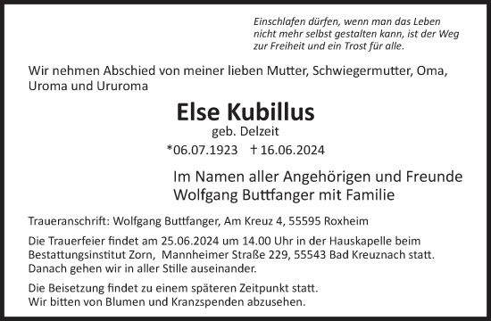 Traueranzeige von Else Kubillus von WochenSpiegel