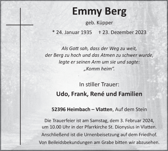 Traueranzeige von Emmy Berg von WochenSpiegel