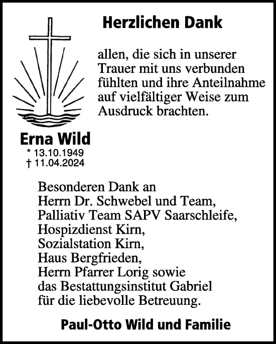 Traueranzeige von Erna Wild von WochenSpiegel