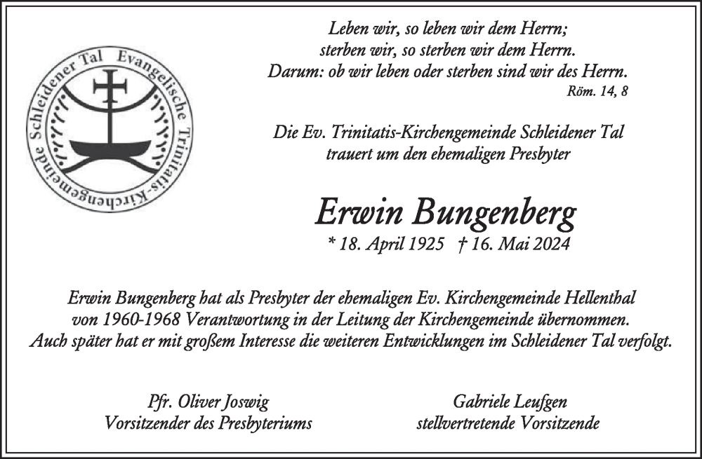  Traueranzeige für Erwin Bungenberg vom 26.06.2024 aus WochenSpiegel