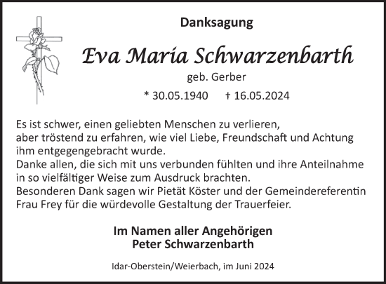 Traueranzeige von Eva Maria Schwarzenbarth von WochenSpiegel