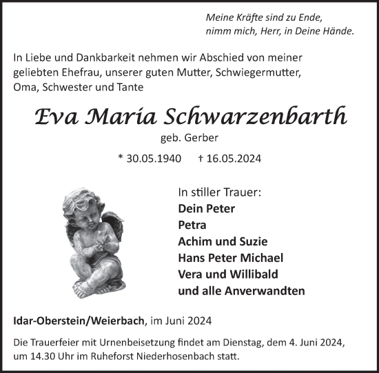 Traueranzeige von Eva Maria Schwarzenbarth von WochenSpiegel