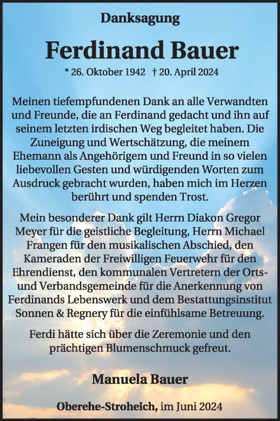 Traueranzeige von Ferdinand Bauer von WochenSpiegel