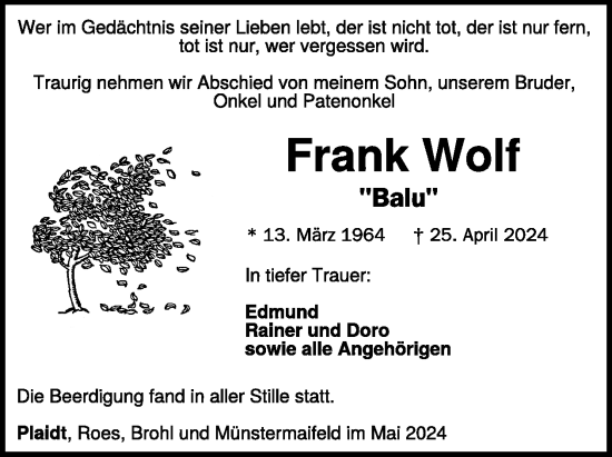Traueranzeige von Frank Wolf von WochenSpiegel