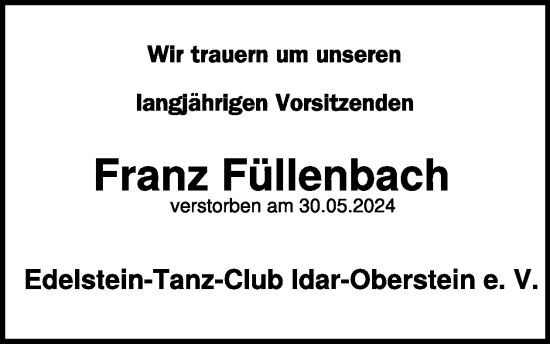 Traueranzeige von Franz Füllenbach von WochenSpiegel