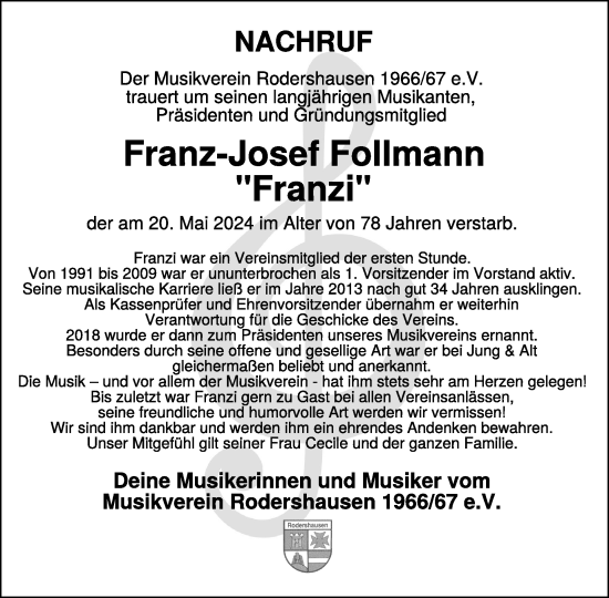 Traueranzeige von Franz-Josef Follmann von WochenSpiegel