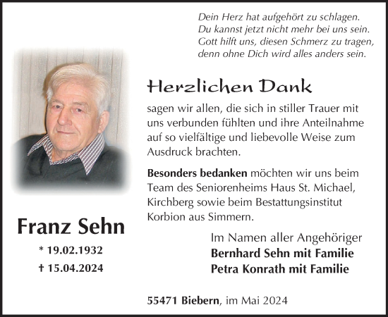 Traueranzeige von Franz Sehn von WochenSpiegel