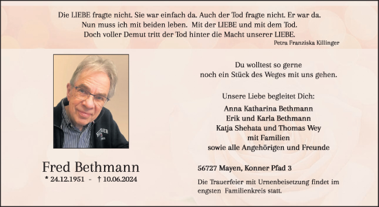 Traueranzeige von Fred Bethmann von WochenSpiegel