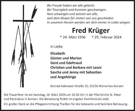 Traueranzeige von Fred Krüger von WochenSpiegel