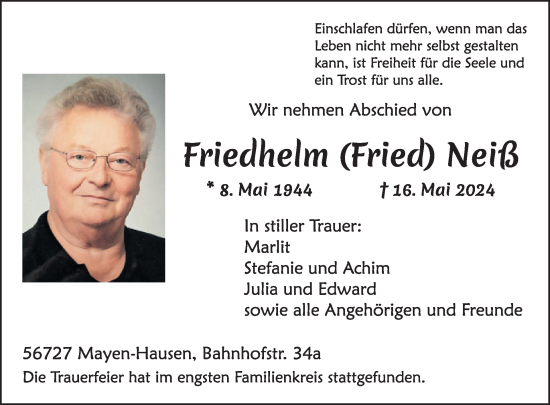 Traueranzeige von Friedhelm  Neiß von WochenSpiegel