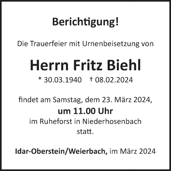 Traueranzeige von Fritz Biehl von WochenSpiegel