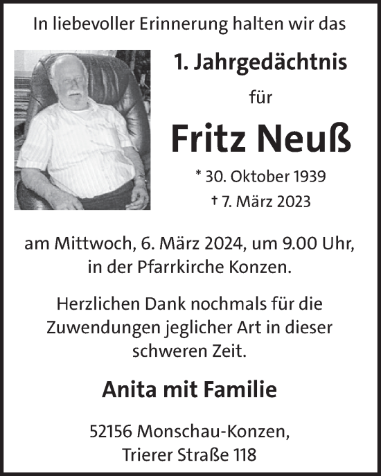 Traueranzeige von Fritz Neuß von WochenSpiegel