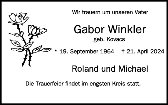 Traueranzeige von Gabor Winkler von WochenSpiegel