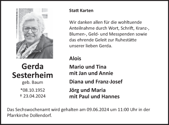 Traueranzeige von Gerda Sesterheim von WochenSpiegel