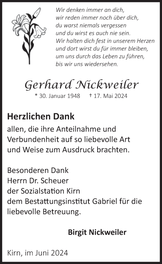 Traueranzeige von Gerhard Nickweiler von WochenSpiegel