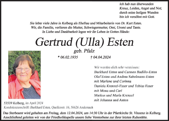Traueranzeige von Gertrud  Esten von WochenSpiegel