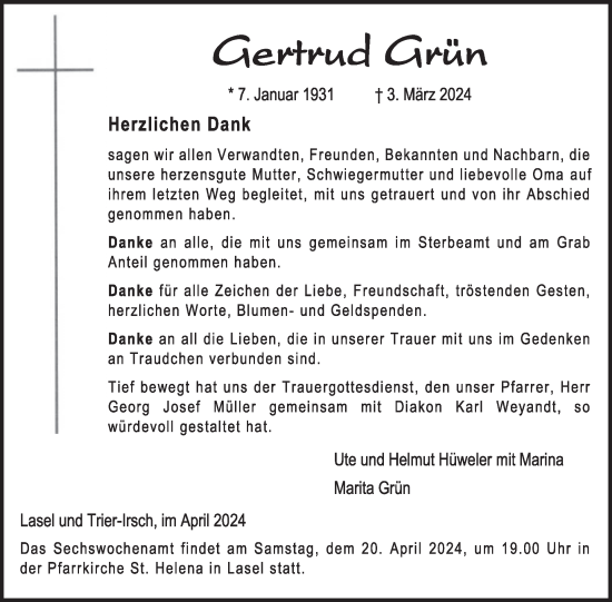 Traueranzeige von Gertrud Grün von WochenSpiegel