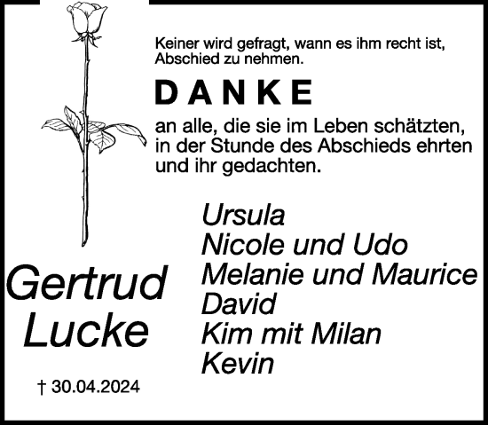 Traueranzeige von Gertrud Lucke von WochenSpiegel
