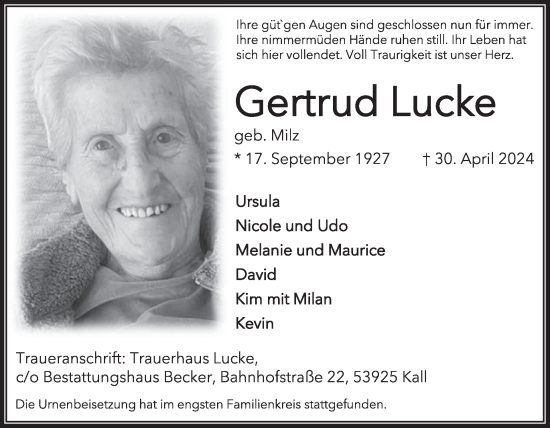 Traueranzeige von Gertrud Lucke von WochenSpiegel