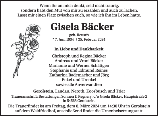 Traueranzeige von Gisela Bäcker von WochenSpiegel