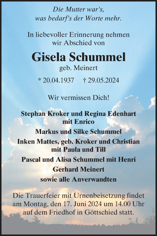 Traueranzeige von Gisela Schummel von WochenSpiegel