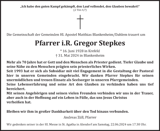 Traueranzeige von Gregor Stepkes von WochenSpiegel