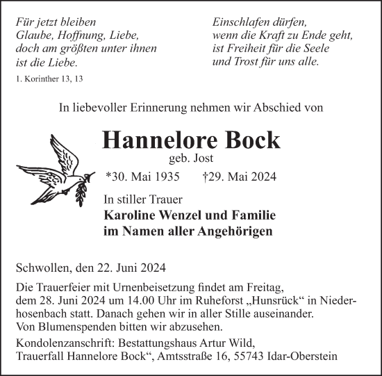 Traueranzeige von Hannelore Bock von WochenSpiegel