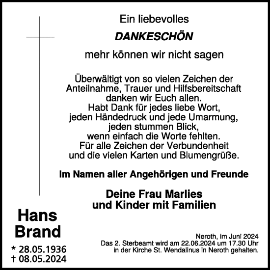 Traueranzeige von Hans Brand von WochenSpiegel