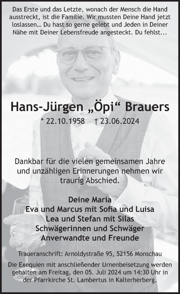  Traueranzeige für Hans-Jürgen Brauers vom 26.06.2024 aus WochenSpiegel