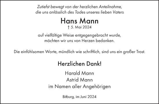 Traueranzeige von Hans Mann von WochenSpiegel