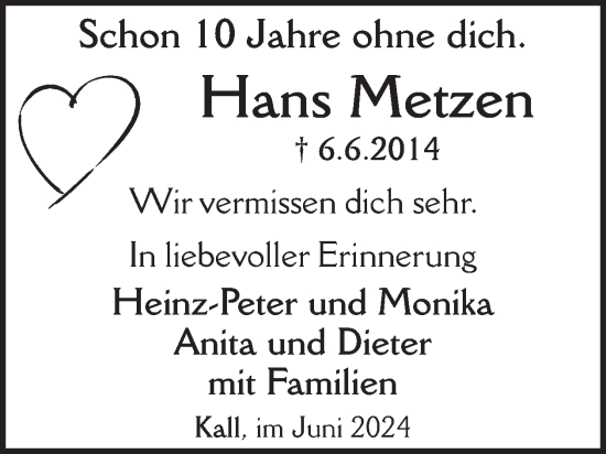 Traueranzeige von Hans Metzen von WochenSpiegel