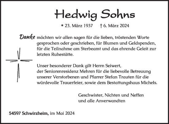 Traueranzeige von Hedwig Sohns von WochenSpiegel