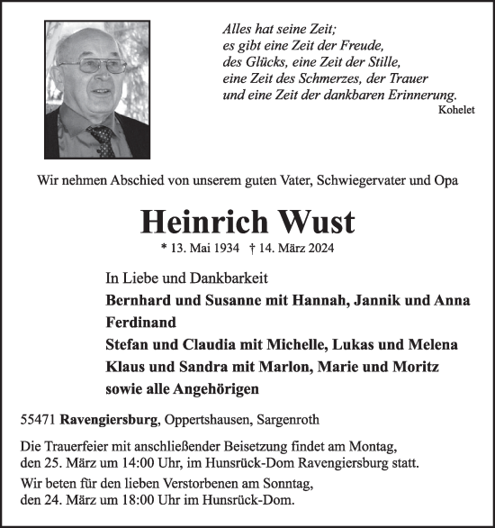 Traueranzeige von Heinrich Wust von WochenSpiegel