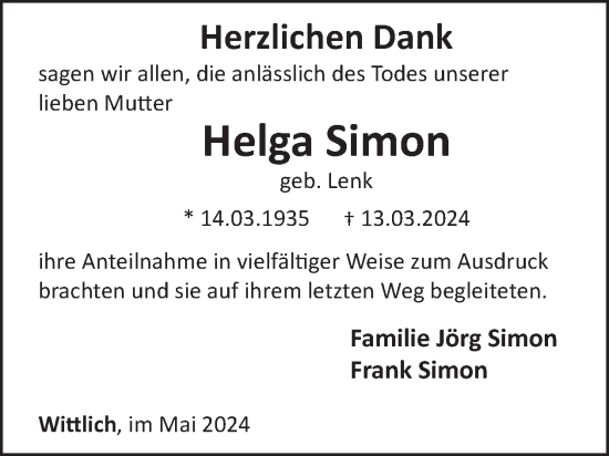 Traueranzeige von Helga Simon von WochenSpiegel