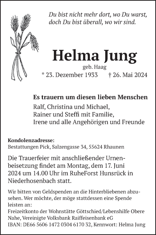 Traueranzeige von Helma Jung von WochenSpiegel