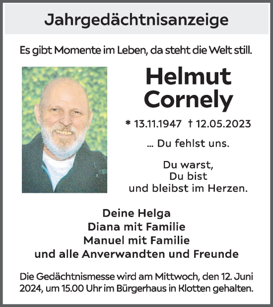 Traueranzeige von Helmut Cornely von WochenSpiegel Trauer