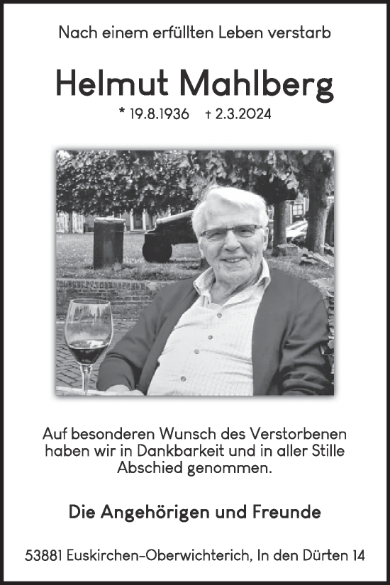 Traueranzeige von Helmut Mahlberg von WochenSpiegel